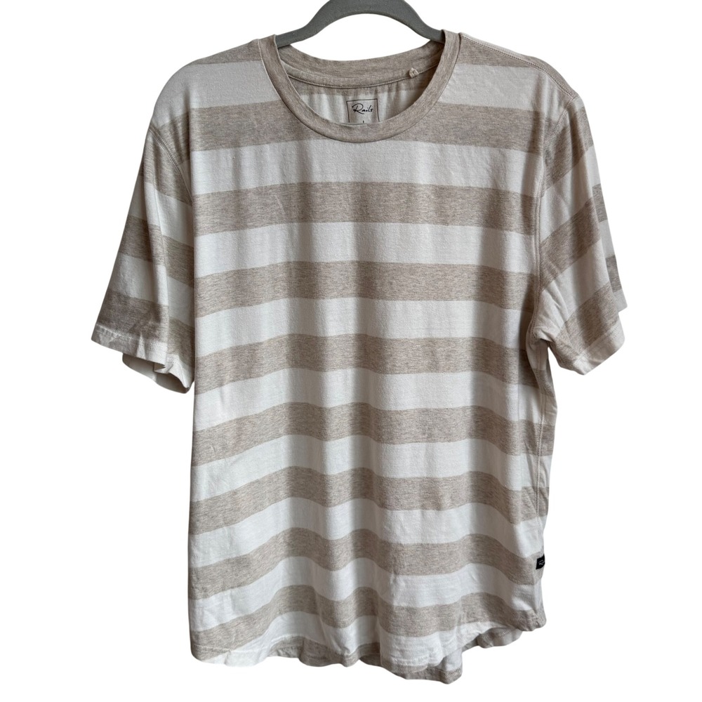 Rails Men's Linen Blend Striped Tee Large Beige White Coastal Minimalist